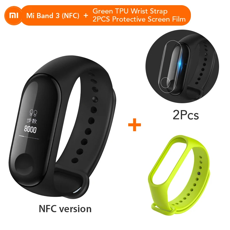 NFC Add Green Strap mi Band 3 NFC версия Xio mi монитор сердечного ритма умный спортивный браслет OLED mi band 3 Smartband разноцветные ремни - Цвет: NFC Add Green Strap