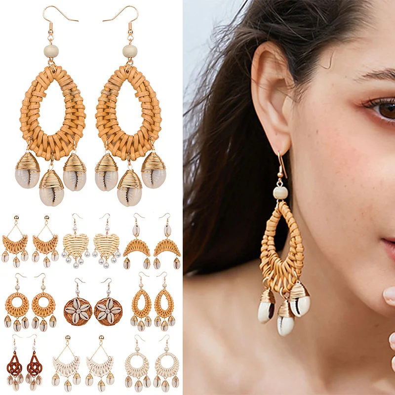 

Rattan New Dangle Bamboo Women Wood Earrings Handmade Drop Pendant Fashion Shell