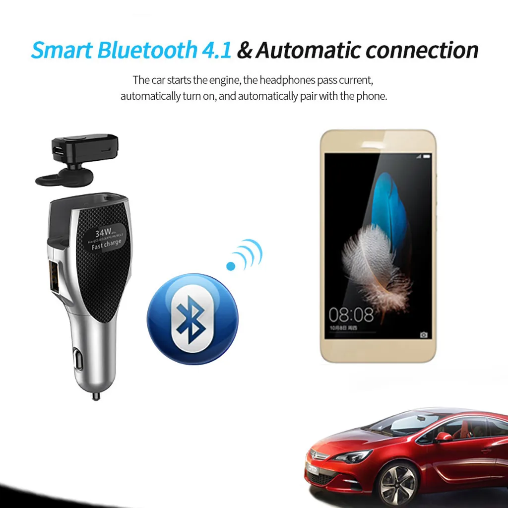 Binmer Автомобильная Беспроводная bluetooth гарнитура умное зарядное устройство