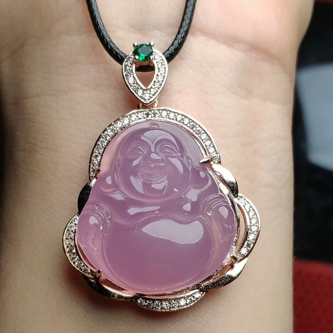 Koraba S925 Sterling Silver Natural Pink Jade Chalcedony Buddha Pendant Leather Rope Gemstone Necklace Women Luxury Jewelry