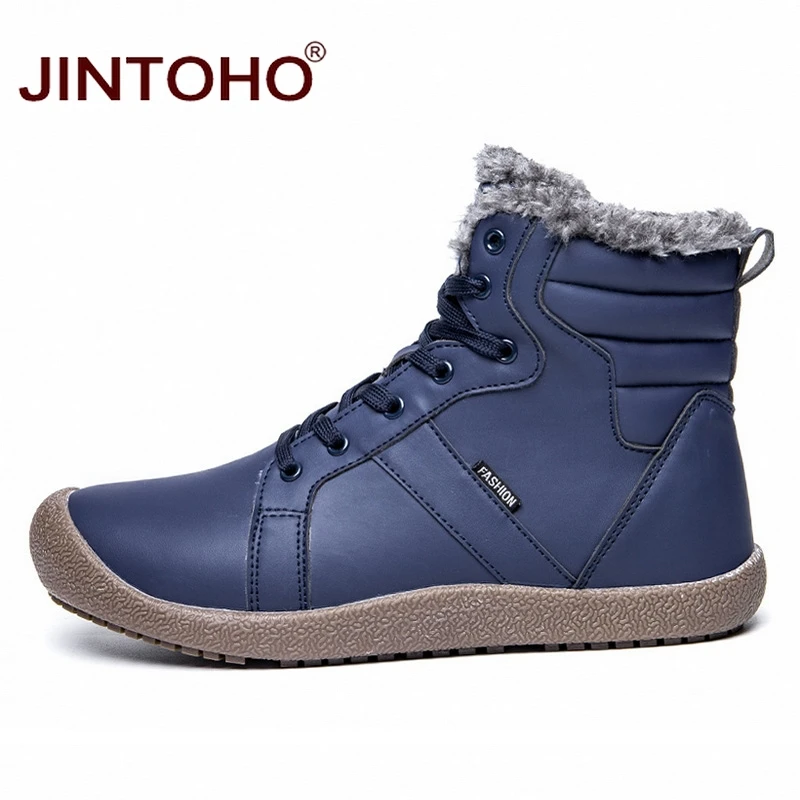 JINTOHO/Новая зимняя мужская обувь зимние ботинки больших размеров Синие ботильоны на шнуровке теплая зимняя обувь мужские кожаные ботинки мужские ботинки