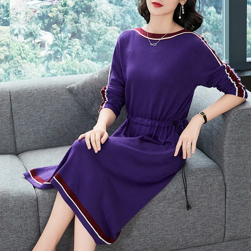 New 2018 autumn women's long sweater dress elegant female striped knit pullovers | Женская одежда