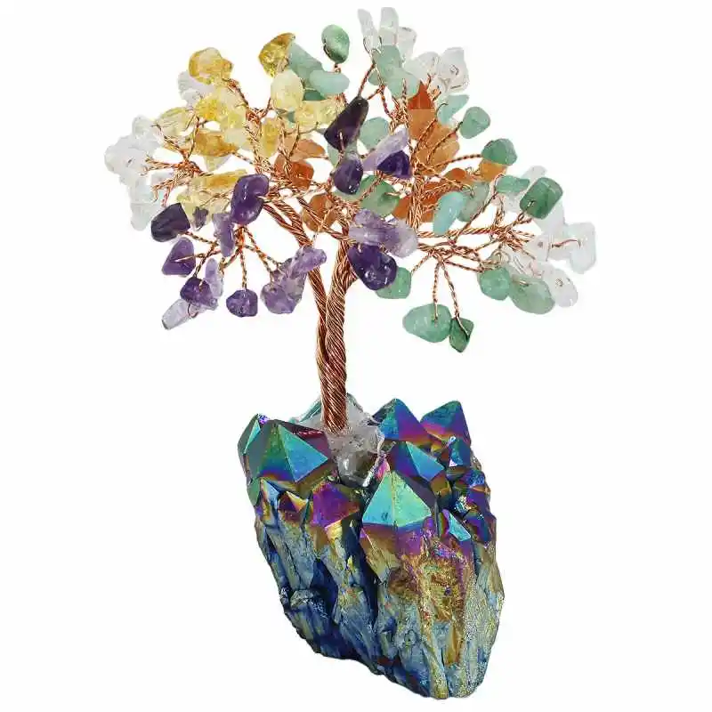 Mixed Stone TUMBEELLUWA натуральный аметист цитрин денежное дерево, аура титановое покрытие кристалл кластер база бонсай Скульптура фигурка 4 дюйма - Цвет: Mixed Stone