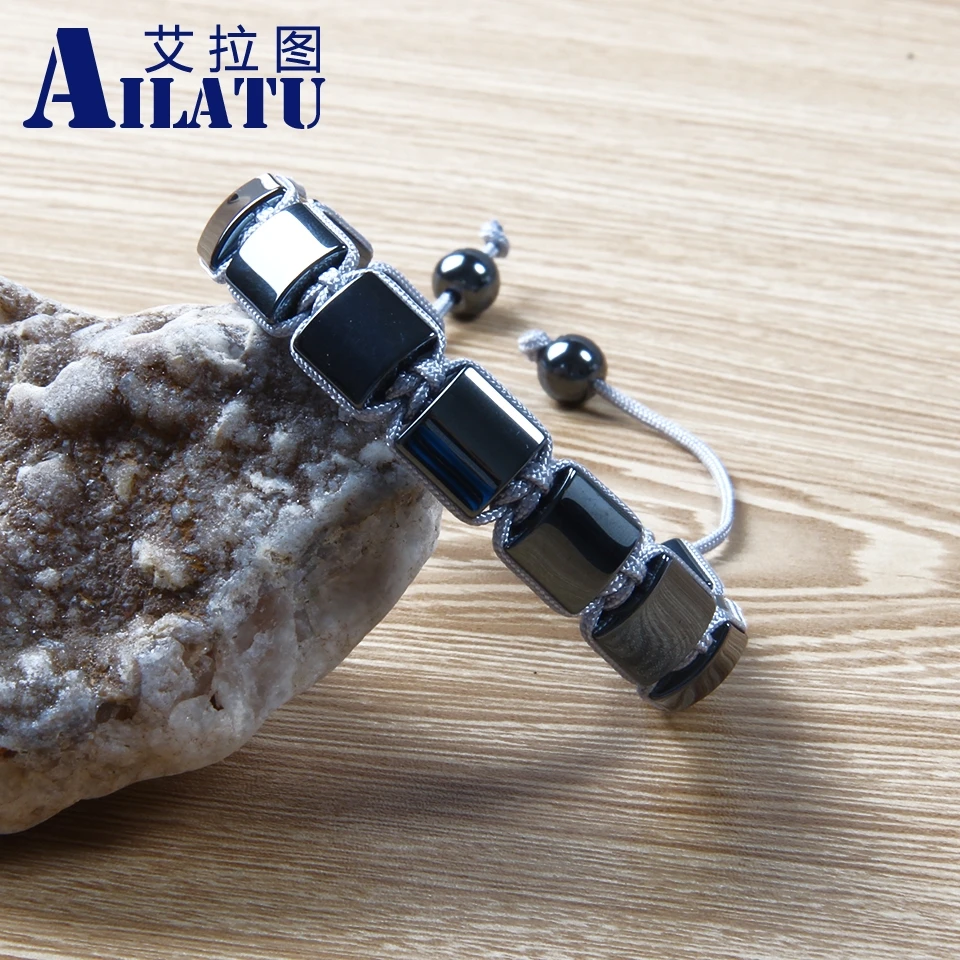 Ailatu осенние мужские ювелирные изделия черный камень Helmatite Квадратные бусины плетение макраме браслет