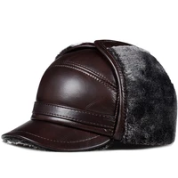 genuine leather cap hat mens brand new cow skin leather hats caps ear flap black brown with faux fur inside