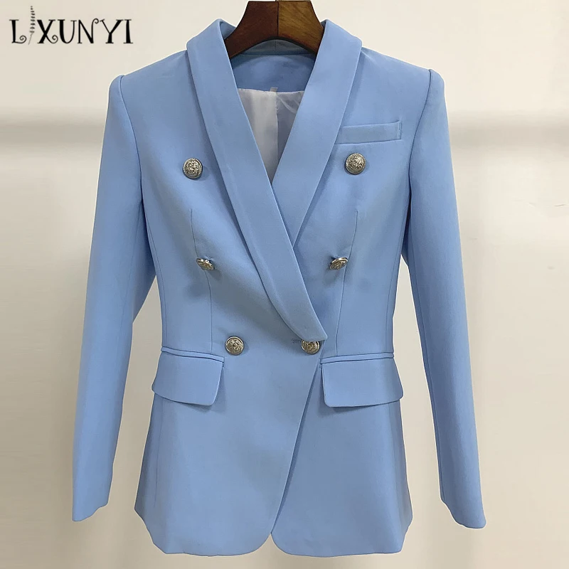 LXUNYI Autumn Blazers Women Double Breasted Elegant Button Blazer Jackets and Coats Lady Casual Runway Coats Blue