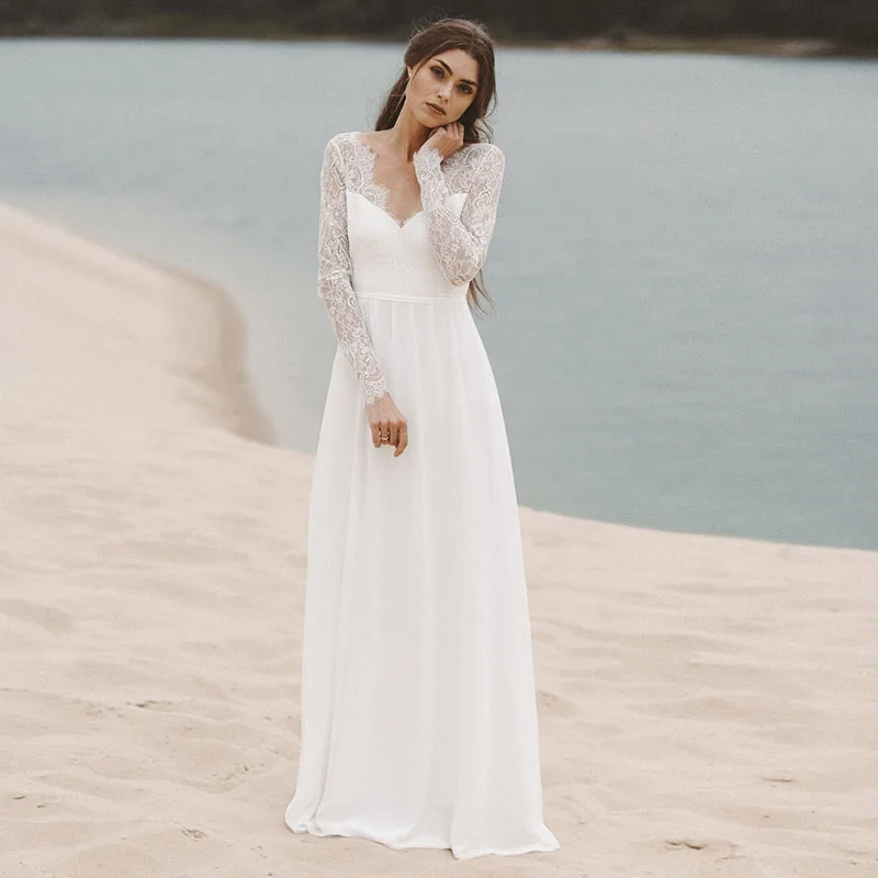 Простое шифоновое кружевное платье с v-образным вырезом Vestidos De Novia открытой