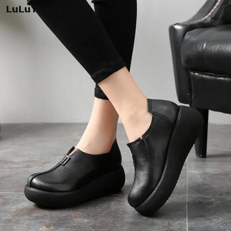 Туфли женские на платформе Натуральная Воловья кожа танкетка высокий каблук