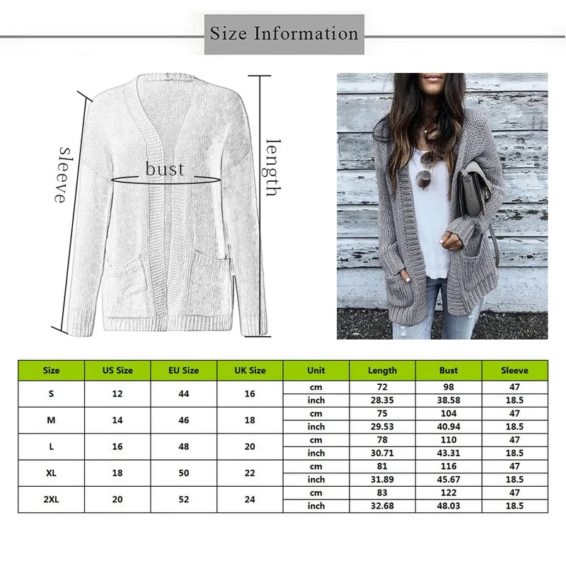 Women's Fashion Casual Long Sleeves Solid Color Knitted Cardigan New Loose Slim Fit Sweater Coat with Pockets |
