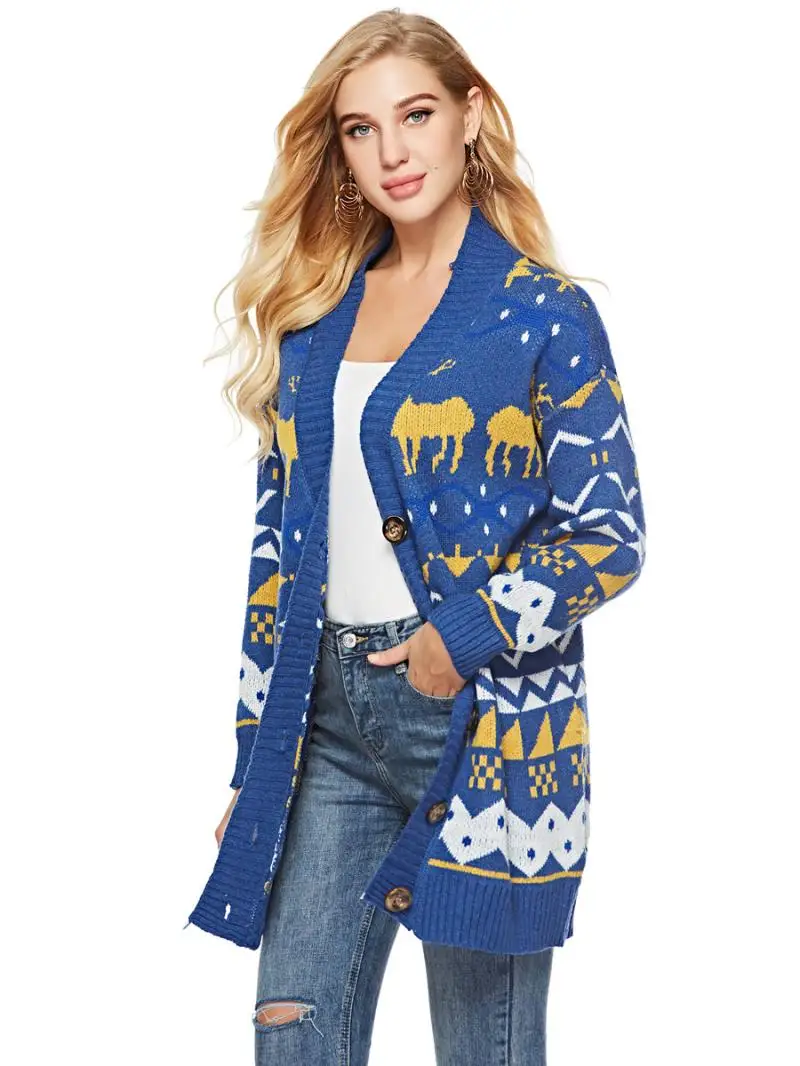 2018 Winter Runway Christmas Knitted Cardigans Coat Women Long Sleeve Poncho Wool Sweater Cartoon Print Fawn Graffiti Cardigan |