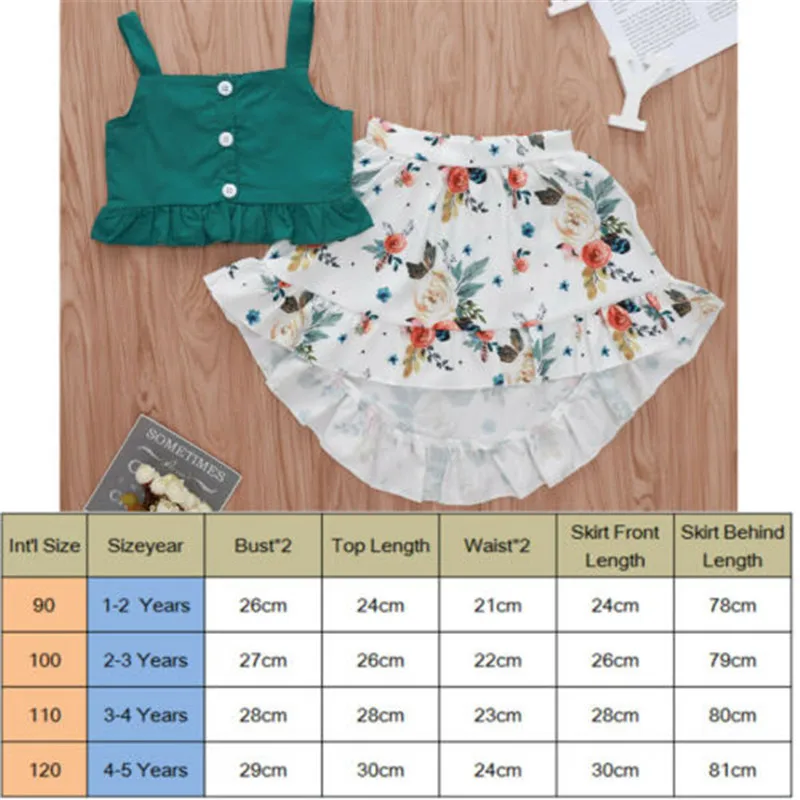 

Summer 1-5Y Children Clothing Casual Toddler Kids Baby Girl Clothes Green Sleeveless Suspenders Crop Tops+Floral Skirt Outfits