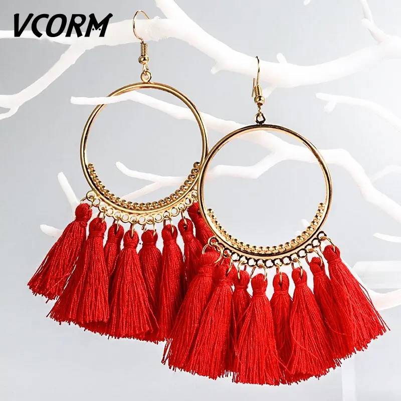 Red VCORM новые модные богемные серьги с кисточками, большие висячие серьги для женщин, роскошные винтажные длинные висячие серьги с кристаллами, Женские Ювелирные изделия - Окраска металла: Red