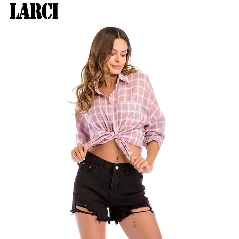 LARCI 2018 новая весна Рубашки в клетку Женские топы и блузки рубашки с длинным