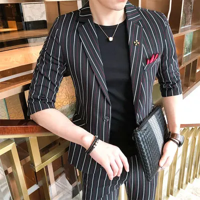 Slim Fit костюм для мужчин половина рукава белый красный в полоску черный 2 шт. Пром
