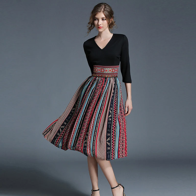 2017 женские летние Винтаж богемное шифоновое платье с принтом для девочек