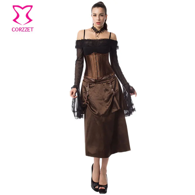 Коричневый атласный корсет в стиле стимпанк под грудь сексуальная юбка женское