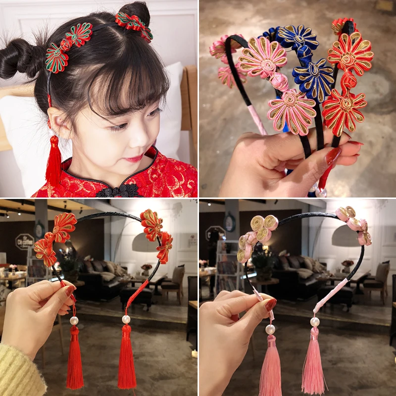 Cute Fringed bowknot children Headband Hairband Handmade flower pearl Hair Hoop Accessories For Girl Princess Headwear Headdress