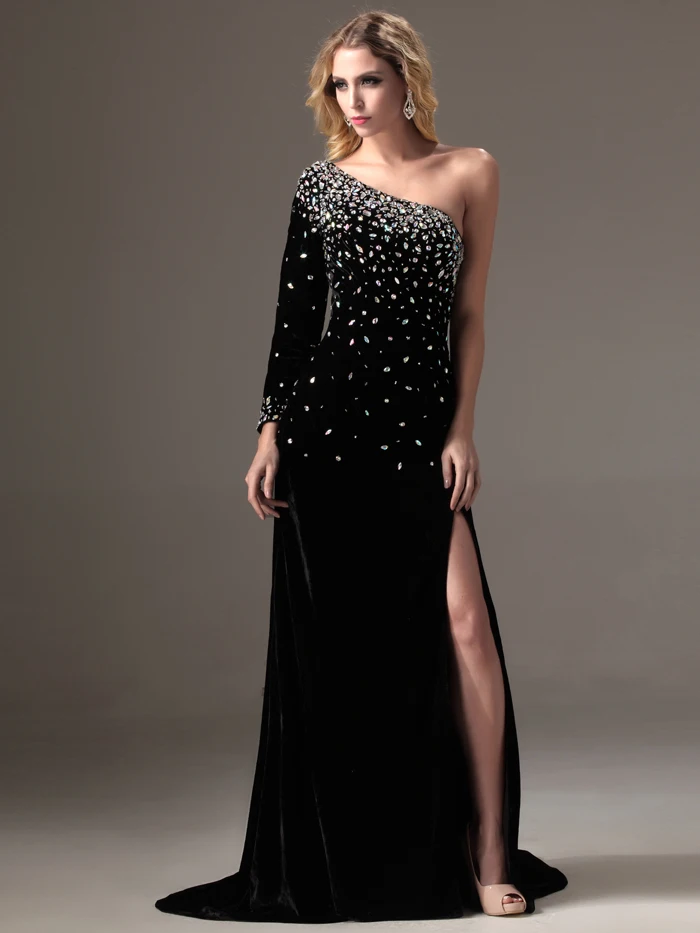 Новинка 2019 сексуальные длинные черные вечерние платья на одно плечо с разрезом