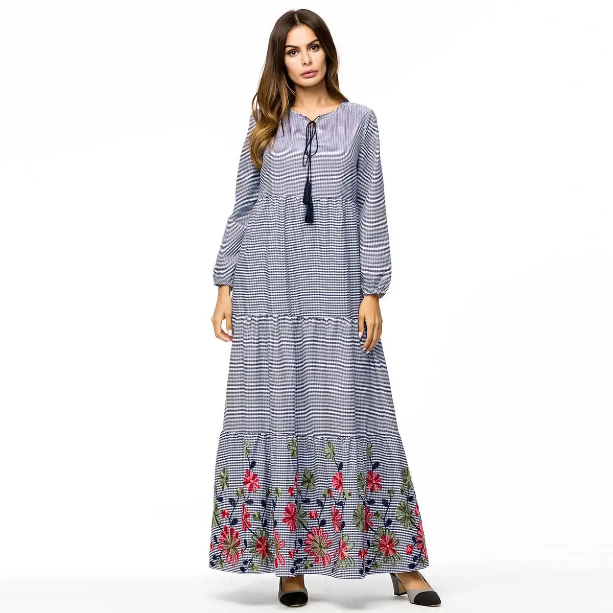 2019 негабаритных осенние женские плед мусульманская абайя Этническая Цветочная