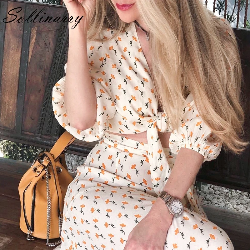 Sollinarry женские юбочные костюмы с цветочным принтом 2019 летние сексуальные топы