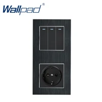 3 gang 2 way with eu socket wallpad luxury satin metal panel push button rocker wall light switch eu socket 110v 250v