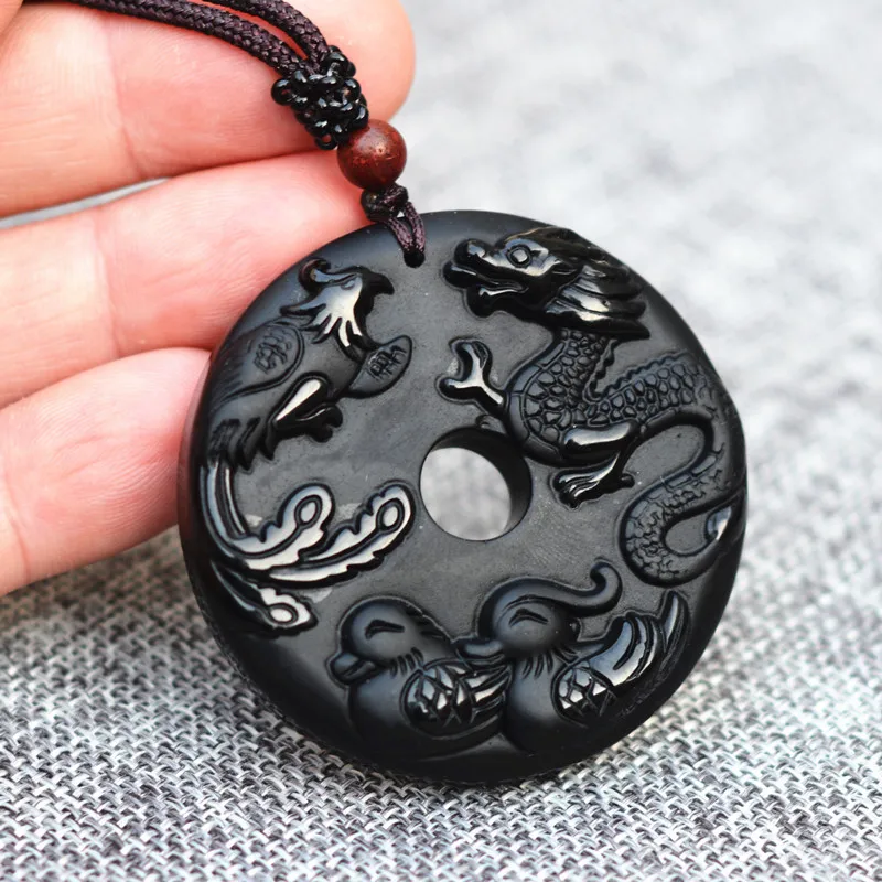 Натуральный черный обсидиан ручная работа китайский дракон Феникс Багуа амулет