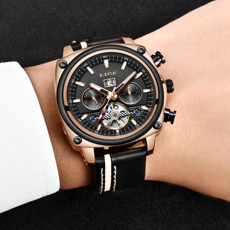 LIGE Брендовые мужские часы автоматические механические Tourbillon спортивные кожаные
