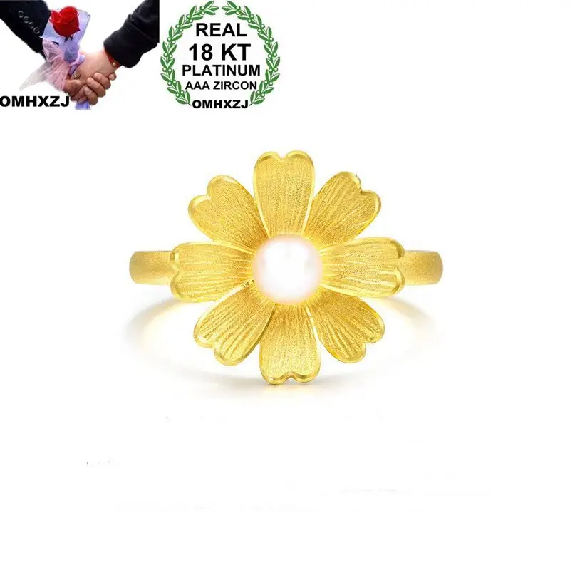 

OMHXZJ Wholesale European Fashion Woman Girl Party Wedding Gift Flower Pearl Gold White 18KT Yellow Gold Resizable Ring RR767