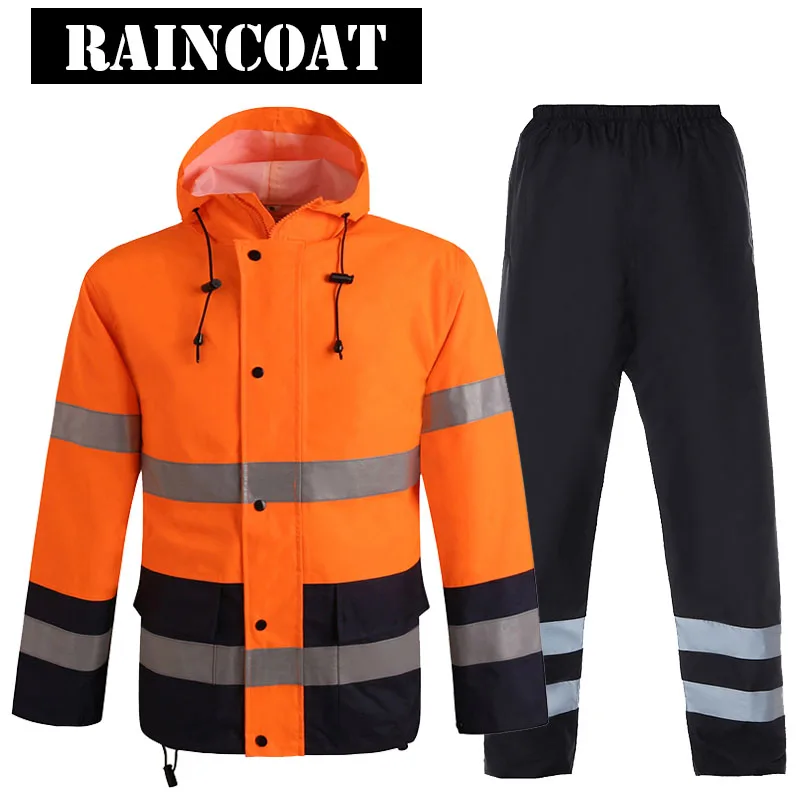 Hi Vis светоотражающая Защитная дождевик Брюки Ткань Оксфорд Спецодежда мульти-карман безопасности дорожного движения куртка флуоресцентный оранжевый черный