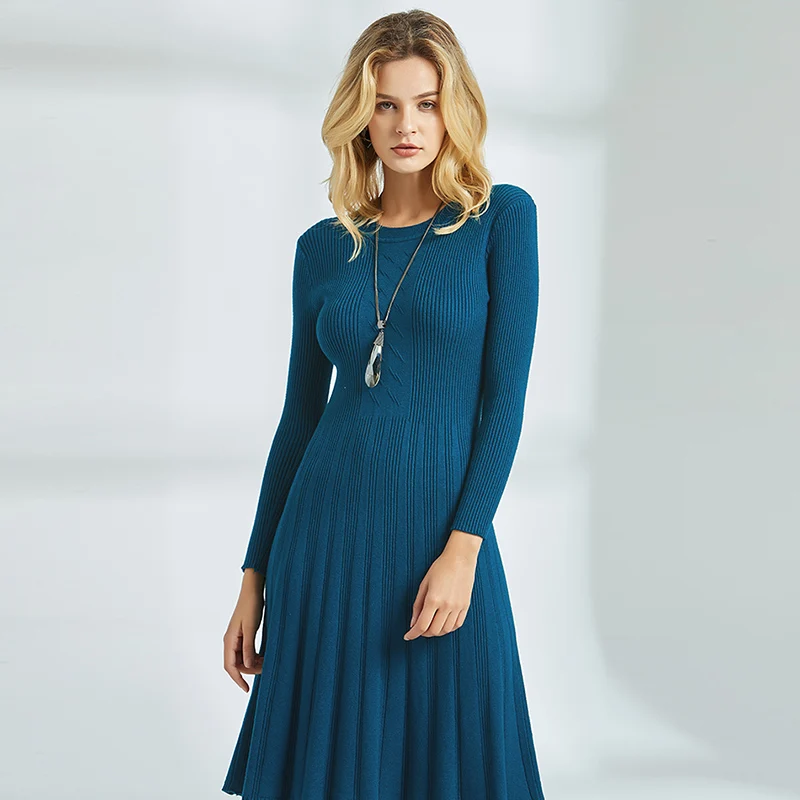 Blue Autumn Winter Dress Casual Black Blue Female Knee Length Knitted Dresses Women Bodycon Long Sleeve Women's Sweater Dress - Цвет: Blue