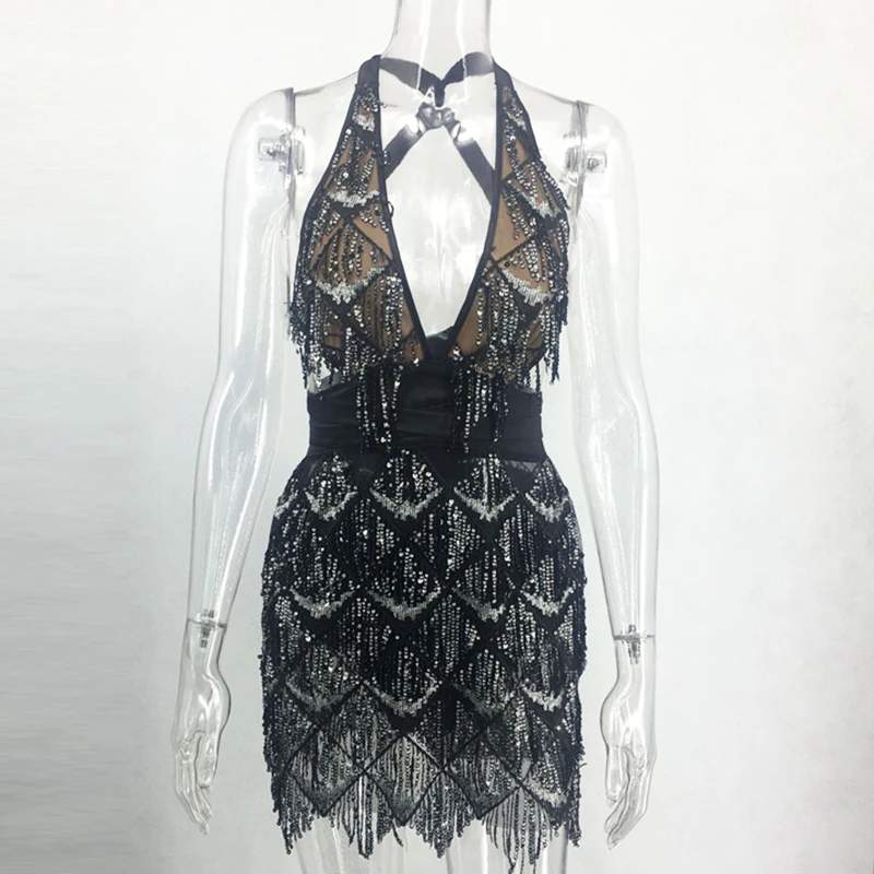 Женское вечернее платье с глубоким v-образным вырезом и кисточками Клубная