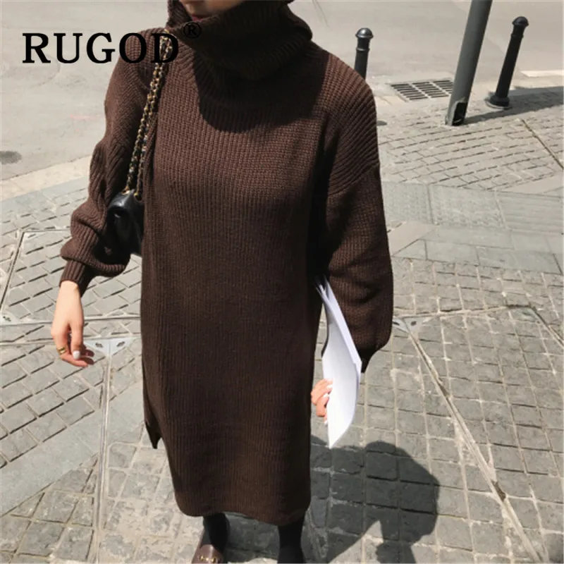 RUGOD длинный прямой вязаный свитер с круглым вырезом женское платье зимние