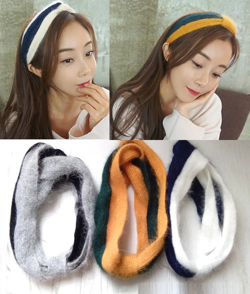 Womens Turban Headband Striped Rabbit Fur Twist Bow Knot Headwrap |