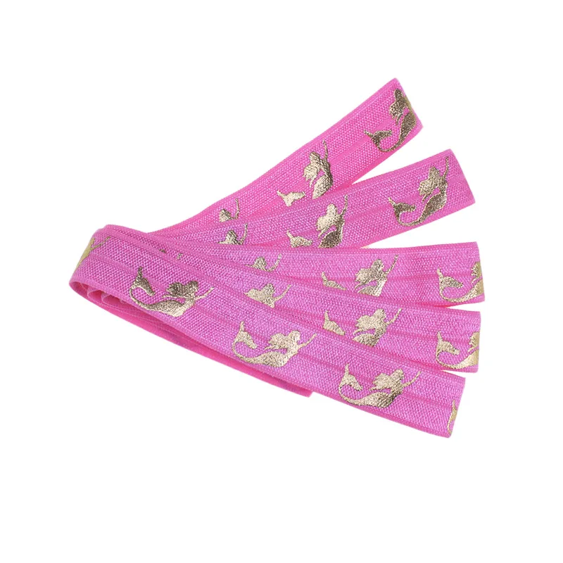 Hot Pink Складной эластичный повязки на голову, Золотая фольга с принтом Русалочки, воротник, эластичный 5/" 15 мм складной эластичный фольга Русалка воротник, эластичный ленты - Цвет: Hot Pink