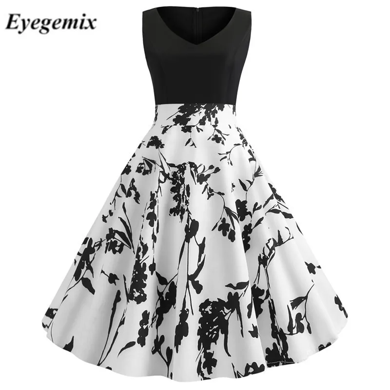 2019 женское летнее платье без рукавов Одри Хепберн с цветочным рисунком ретро