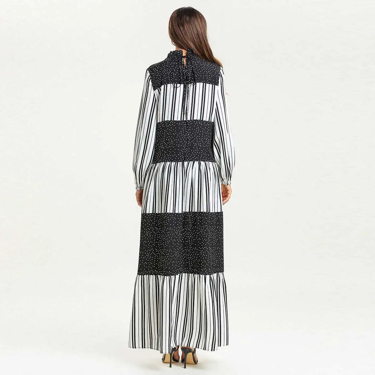 

Women Fashion Striped Patchwork Dress Plus Size Muslim Abaya Oversized Long Sleeve Islamic Dubai Arabic Kaftan Robe VKDR1518