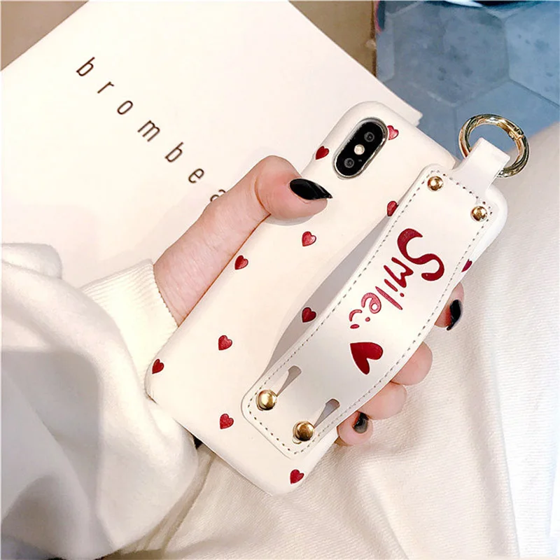 PU Leather Case with Holder Grip for iPhone XS XR XS MAX X 7 plus 7 8 6s plus6s Love Heart Patterned Hard Case with Wrist Strap