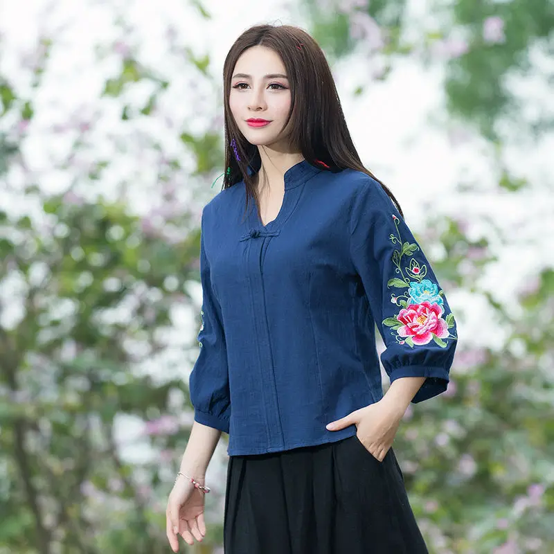 Этническая женская блузка с цветочной вышивкой 3/4 летние топы пышными рукавами