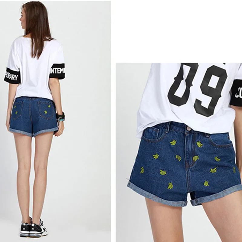 Джинсовые шорты женские летние джинсовые с вышивкой банана 2017 повседневные на