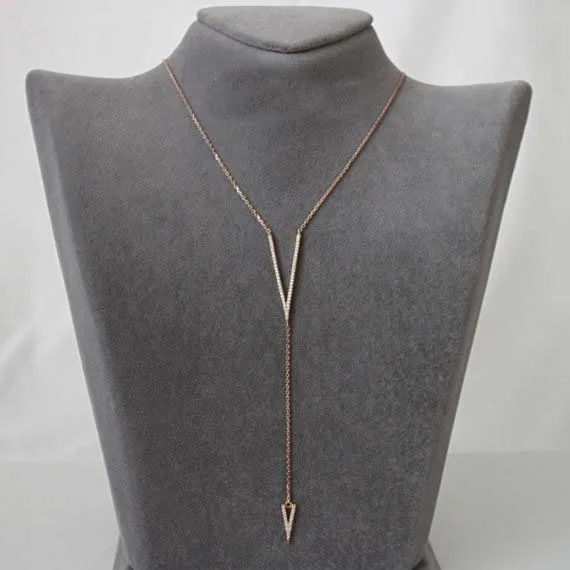 Женское длинное ожерелье из розового золота с V образным кубическим