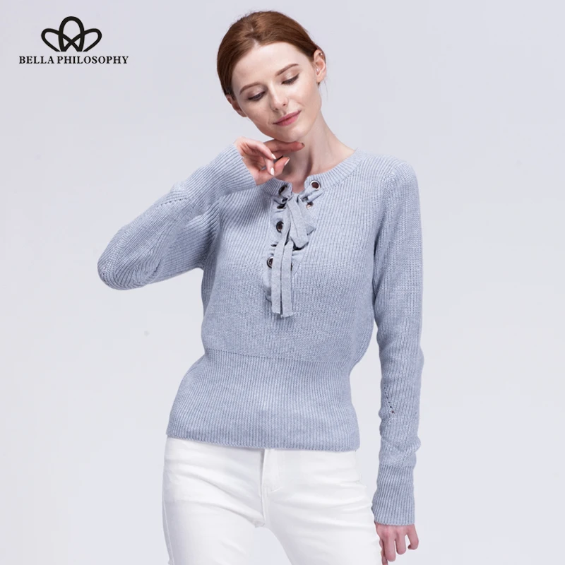 Женский ажурный свитер Bella Philosophy вязаный на шнуровке с длинным рукавом Осень-зима