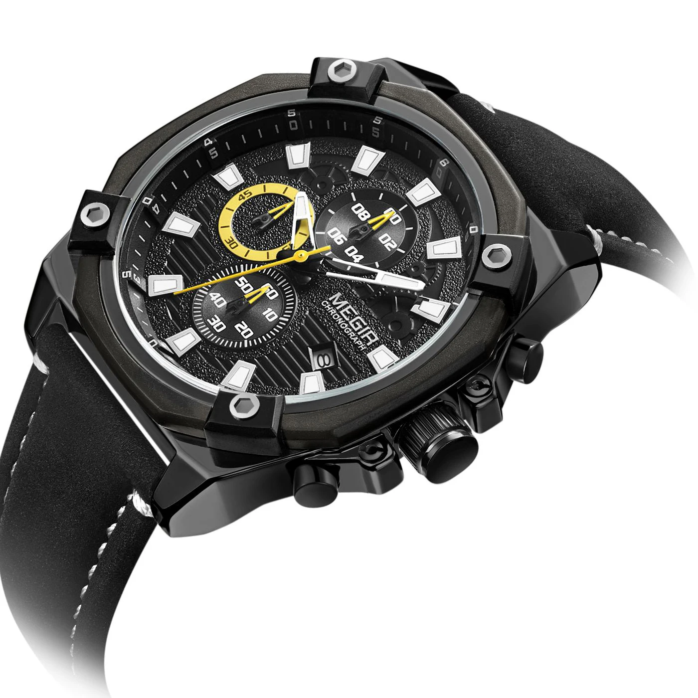 Мужские спортивные часы Megir армейские кварцевые с хронографом кожаные Наручные