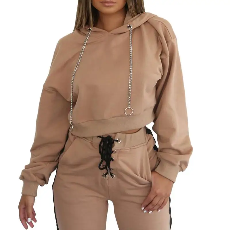 

Женский спортивный костюм, топ с капюшоном и штаны на кулиске, спортивный костюм из 2 предметов, толстовка с капюшоном, 2018