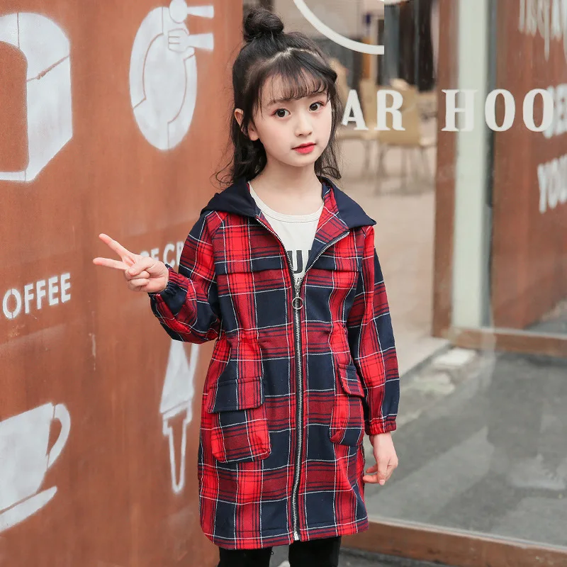 2018 модные trech пальто в клетку с капюшоном дети Дети Осень для маленьких девочек