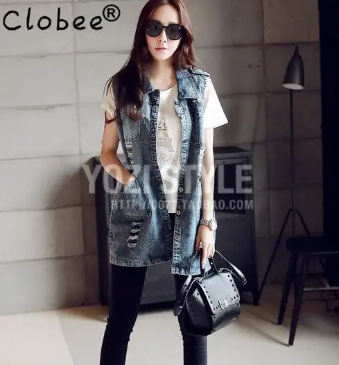 Винтажный джинсовый жилет с дырками в стиле Харадзюку 2018|gilet femme|denim vest jeansjeans women |