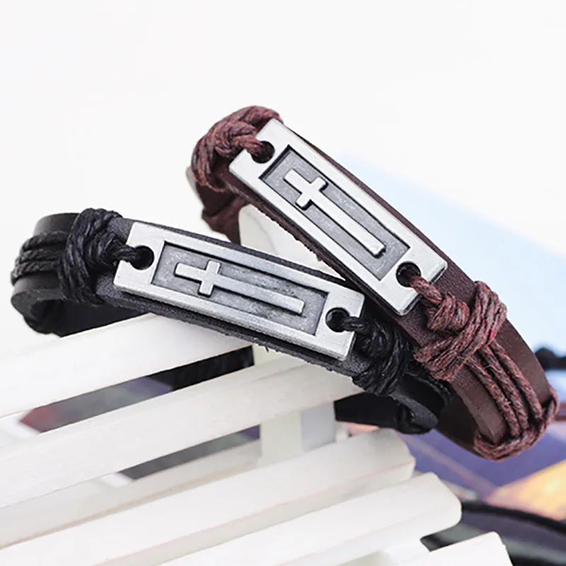 Мужские кожаные браслеты античный серебряный крест подвеска манжета браслет