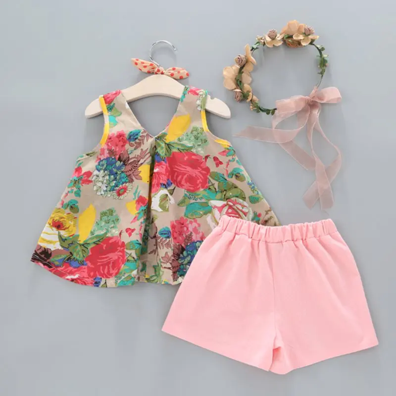 

2017 Summer Baby Girls Floral Printed Sleeveless Vest Tops + Shorts Sets Kids Clothes