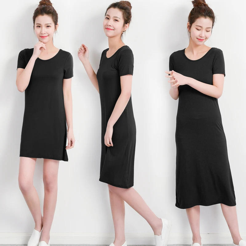 Удлиненная комбинация из модала однотонная с коротким рукавом круглым вырезом |