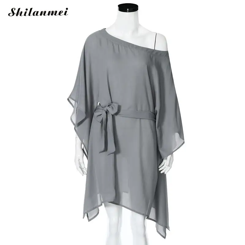 Fashion Women Chiffon Dress Spring Autumn Strapless Casual Solid Loose Batwing Sleeve Mini With Belt Irregular Beach | Женская одежда