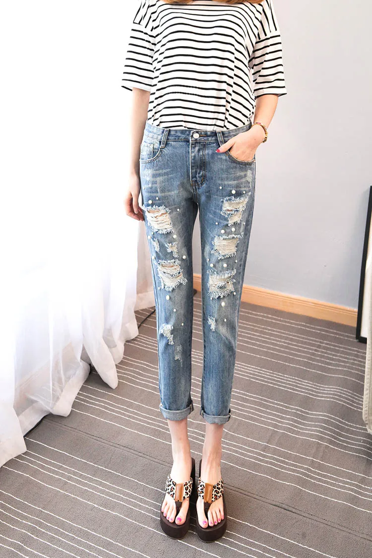 Женские облегающие джинсы бойфренды Синие рваные с бусинами корейская мода